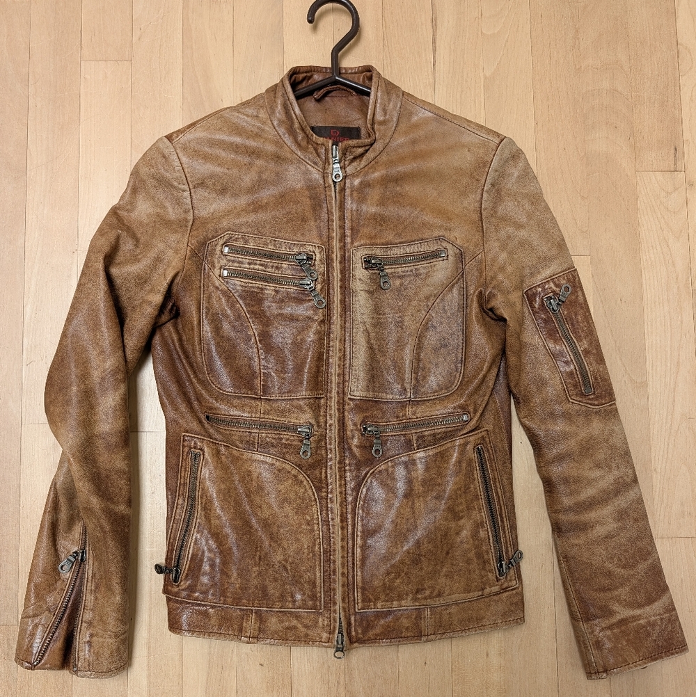 Danier Tan Brown Leather Jacket with Red Logo Tag